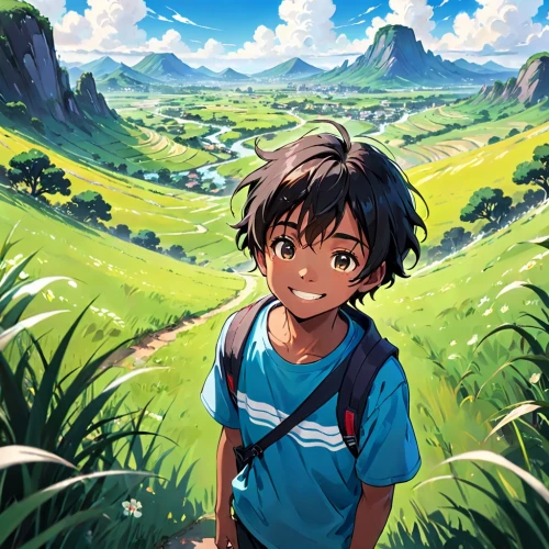 studio ghibli,mowgli,wander,mountain world,mountain guide,girl and boy outdoor,game illustration,in the tall grass,harau,child in park,meteora,2d,shirakami-sanchi,trail,children's background,valley,yamada's rice fields,mountain hiking,background image,hiking,Anime,Anime,Traditional