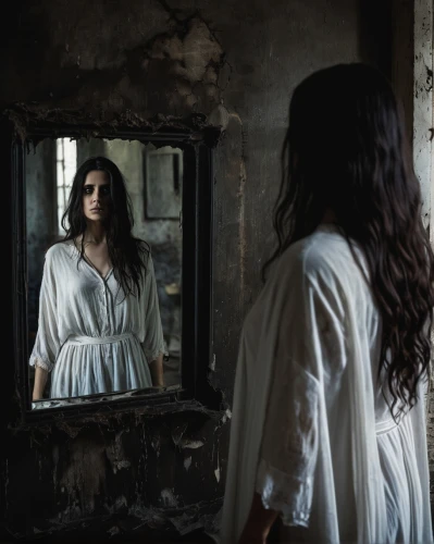 the mirror,mirror of souls,self-abandonment,mirrors,nightgown,photo session in torn clothes,doll looking in mirror,self-reflection,the girl in nightie,white clothing,in the mirror,magic mirror,looking glass,mirror image,conceptual photography,mirror,white shirt,apparition,passion photography,asylum,Photography,General,Natural