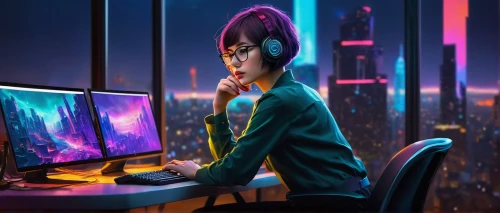 girl at the computer,night administrator,blur office background,world digital painting,computer art,girl studying,cyberpunk,lures and buy new desktop,women in technology,computer,computer addiction,computer freak,neon human resources,sci fiction illustration,computer graphics,lan,anime 3d,computer game,desktop computer,computer workstation,Illustration,Realistic Fantasy,Realistic Fantasy 08