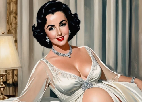 elizabeth taylor,elizabeth taylor-hollywood,jane russell-female,jean simmons-hollywood,joan collins-hollywood,teresa wright,marylyn monroe - female,joan crawford-hollywood,pearl necklace,dita,retro women,a charming woman,model years 1960-63,ann margarett-hollywood,vintage woman,retro pin up girl,pinup girl,hedy lamarr-hollywood,hedy lamarr,pin-up,Illustration,Abstract Fantasy,Abstract Fantasy 23