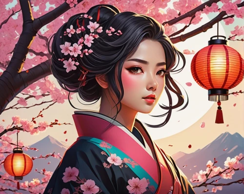 geisha,geisha girl,plum blossoms,mulan,oriental princess,japanese sakura background,plum blossom,chinese art,japanese floral background,oriental girl,spring festival,oriental,oriental painting,japanese art,hanbok,sakura blossom,kimono,cherry blossom japanese,asian woman,mukimono,Illustration,Vector,Vector 02