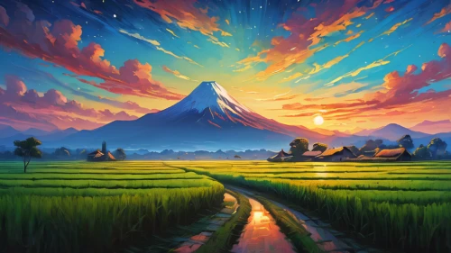 landscape background,fantasy landscape,mountain sunrise,volcanic landscape,mountain landscape,salt meadow landscape,mountainous landscape,stratovolcano,blooming field,high landscape,mount fuji,mountain scene,volcanos,mountain world,japan landscape,mount scenery,volcano,mt fuji,volcanic field,yamada's rice fields,Photography,General,Natural