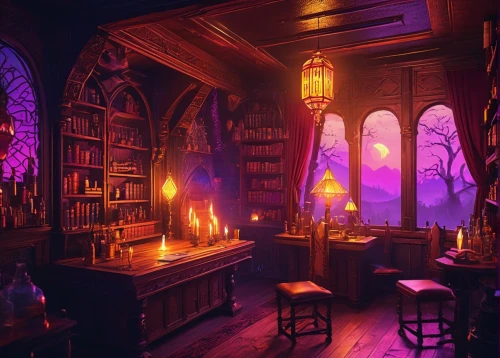 study room,apothecary,ornate room,witch's house,3d fantasy,fantasy picture,reading room,victorian,bookshelves,dark cabinetry,purple wallpaper,a dark room,sci fiction illustration,fantasy landscape,old library,abandoned room,unique bar,bookshop,fantasy art,dandelion hall,Conceptual Art,Sci-Fi,Sci-Fi 27