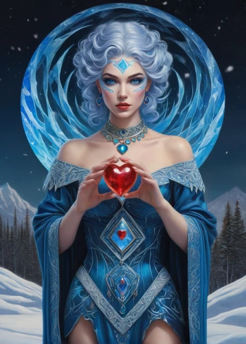 ice queen,blue heart,the snow queen,white rose snow queen,diamond-heart,blue enchantress,winterblueher,queen of hearts,heart chakra,ice princess,blue moon rose,heart icon,elsa,ice crystal,fire heart,fantasy art,winged heart,red heart medallion in hand,blue snowflake,fantasy portrait,Conceptual Art,Daily,Daily 25