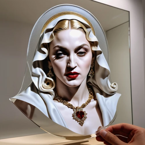 makeup mirror,madonna,doll looking in mirror,magic mirror,paper art,art deco frame,vampira,white lady,dali,the mirror,dita,mirror frame,parabolic mirror,art deco woman,vintage makeup,the angel with the veronica veil,glass painting,artist's mannequin,applying make-up,marilyn,Photography,General,Realistic