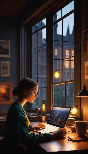 girl studying,girl at the computer,sci fiction illustration,study room,children studying,study,night administrator,the girl studies press,evening atmosphere,world digital painting,scholar,illustrator,the evening light,librarian,academic,digital compositing,distance-learning,tutor,visual effect lighting,girl in a historic way,Art,Classical Oil Painting,Classical Oil Painting 41