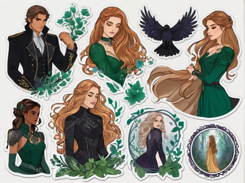 fairy tale icons,nightshade family,clary,fairytale characters,ivy family,iris family,green mermaid scale,bunches of rowan,the dawn family,water-leaf family,dogbane family,horsetail family,rose family,fairy tale character,mulberry family,avatars,christmas stickers,elven,albus,celtic woman,Unique,Design,Sticker