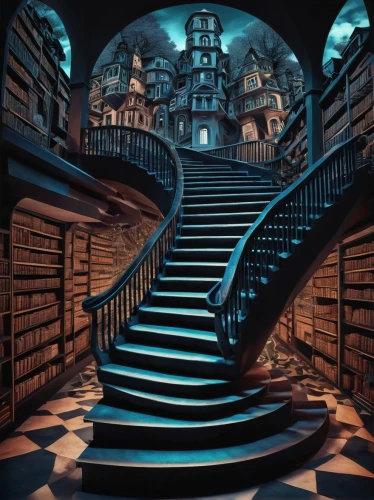 3d fantasy,spiral staircase,staircase,bookshelves,stairway,winding staircase,winding steps,sci fiction illustration,fairy tale castle,escher,fantasy art,magic castle,cartoon video game background,book store,bookstore,fantasy picture,bookshop,books,the books,fantasy city,Photography,Fashion Photography,Fashion Photography 01