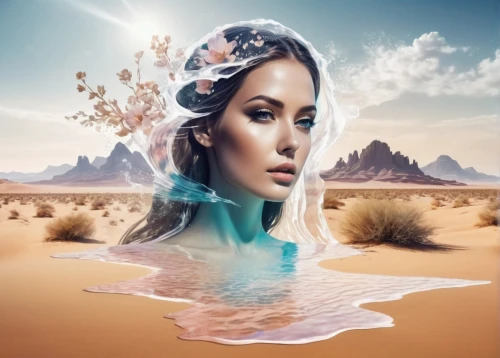 the blonde in the river,photo manipulation,image manipulation,photomanipulation,desert rose,desert flower,digital compositing,arid land,water rose,arid,desert background,desertification,photoshop manipulation,water nymph,water-the sword lily,horoscope libra,photomontage,girl on the dune,bottlenose,flotation,Photography,Artistic Photography,Artistic Photography 07