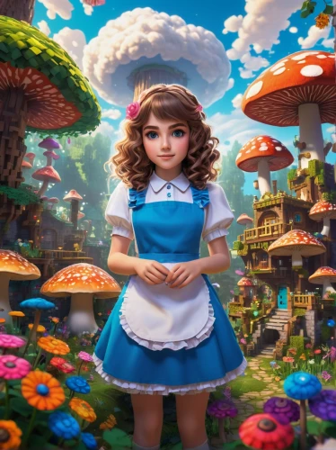 alice in wonderland,alice,wonderland,fairy world,3d fantasy,fairy village,fantasy world,fairy tale character,fantasy picture,children's background,little girl fairy,candy island girl,girl in the garden,world digital painting,rosa 'the fairy,rosa ' the fairy,girl in flowers,doll dress,mushroom landscape,child fairy,Illustration,Abstract Fantasy,Abstract Fantasy 19