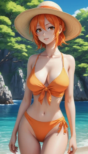 nami,straw hat,one-piece swimsuit,sun hat,beach background,summer background,summer hat,coconut hat,oranges,high sun hat,summer swimsuit,sanya,orange,one piece,mock sun hat,torii,bali,swimsuit,tangerine,beach scenery,Illustration,Japanese style,Japanese Style 07