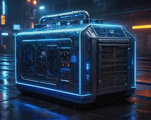 cinema 4d,3d render,cyberpunk,barebone computer,cybertruck,jukebox,rain bar,crate,blue rain,compute,3d rendered,generator,b3d,3d model,icemaker,computer case,weather-beaten,motherboard,render,pixel cube,Illustration,Realistic Fantasy,Realistic Fantasy 16