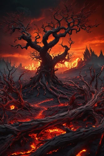 burning tree trunk,scorched earth,burning bush,burnt tree,lava,volcanic,blood maple,fire background,volcanic field,forest fire,magma,burning earth,volcanic landscape,burned land,firethorn,volcanic eruption,lava flow,volcano,eruption,red tree,Art,Classical Oil Painting,Classical Oil Painting 24