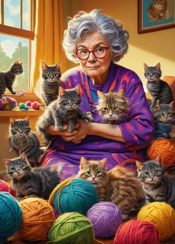 knitting,knitting wool,knitting clothing,to knit,knitting laundry,knitting needles,cat supply,cat family,grandma,cat lovers,needlecraft,crochet,sock yarn,elderly lady,granny,cat's cafe,yarn,senior citizen,knit,vintage cats,Illustration,Realistic Fantasy,Realistic Fantasy 22