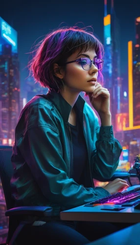 girl at the computer,night administrator,women in technology,blur office background,cyberpunk,world digital painting,girl studying,neon human resources,computer addiction,sci fiction illustration,digital painting,woman sitting,dusk background,librarian,purple background,digital nomads,computer business,portrait background,woman thinking,computer art,Illustration,Realistic Fantasy,Realistic Fantasy 04