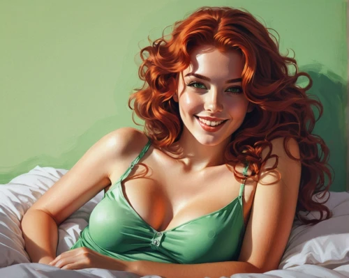 woman on bed,redheads,red-haired,girl in bed,young woman,redhead doll,oil painting,redhair,redheaded,redhead,red head,heather green,oil painting on canvas,woman laying down,relaxed young girl,woman portrait,in green,green,girl portrait,romantic portrait,Conceptual Art,Fantasy,Fantasy 32