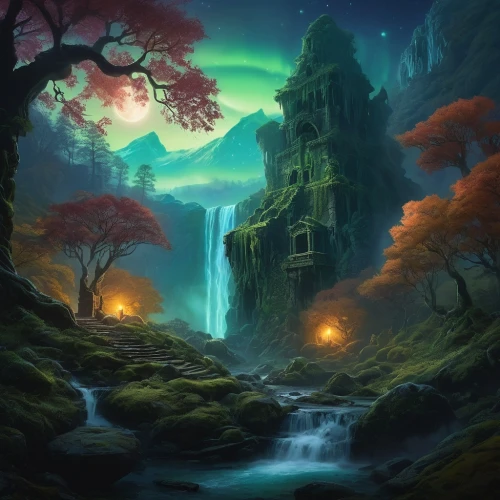 fantasy landscape,fantasy picture,druid grove,elven forest,landscape background,forest landscape,fantasy art,witch's house,northrend,devilwood,green aurora,halloween background,meteora,haunted forest,mushroom landscape,green waterfall,cartoon video game background,house in the forest,3d fantasy,forest background,Illustration,Paper based,Paper Based 26