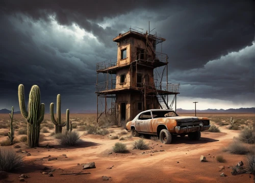 lookout tower,watertower,water tower,arid land,photo manipulation,watchtower,abandoned international truck,fire tower,arid landscape,post-apocalyptic landscape,rust truck,lifeguard tower,desert safari,digital compositing,mobile home,capture desert,observation tower,wild west hotel,post apocalyptic,truck stop,Conceptual Art,Daily,Daily 22