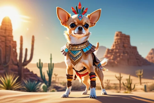 native american indian dog,desert fox,indian dog,pharaoh,chihuahua,aztec,desert background,sand fox,corgi-chihuahua,toy fox terrier,fennec,bazlama,kit fox,altiplano,southwestern,coyote,pharaoh hound,karnak,tribal chief,inca,Illustration,Japanese style,Japanese Style 03