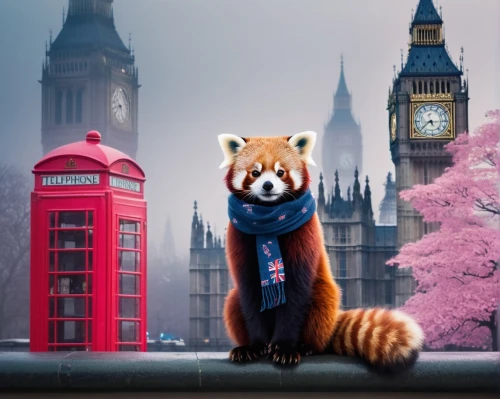 big ben,red panda,mozilla,united kingdom,london,extinction rebellion,sightseeing,great britain,anthropomorphized animals,japanese sakura background,firefox,uk,photoshop manipulation,animals play dress-up,photomanipulation,photo manipulation,whimsical animals,the fur red,scarf animal,creative background,Illustration,Vector,Vector 06