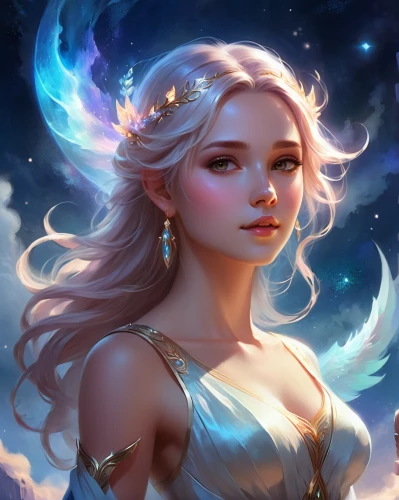 fantasy portrait,aurora,zodiac sign libra,elsa,white rose snow queen,faerie,fae,fairy galaxy,show off aurora,fairy queen,fantasy art,rosa 'the fairy,the snow queen,faery,fantasy picture,fantasy woman,virgo,constellation unicorn,mystical portrait of a girl,celestial,Illustration,Realistic Fantasy,Realistic Fantasy 01