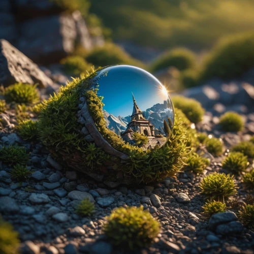 lensball,crystal ball-photography,tiny world,little planet,3d fantasy,earth in focus,crystal ball,glass sphere,terrarium,fantasy landscape,lens reflection,terraforming,virtual landscape,round window,fairy house,360 ° panorama,mushroom landscape,stone ball,window to the world,macroperspective,Photography,General,Fantasy