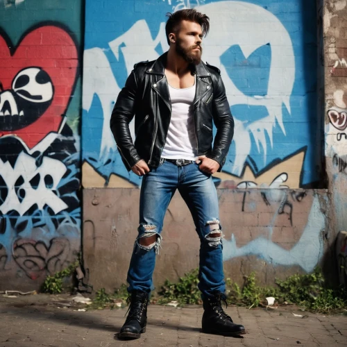 young model istanbul,wolverine,leather boots,leather,jeans background,biker,male model,men's wear,rocker,leather jacket,rockabilly style,bluejeans,blue jeans,photo session in torn clothes,boys fashion,street fashion,motorcyclist,skinny jeans,leather texture,high jeans,Conceptual Art,Graffiti Art,Graffiti Art 03