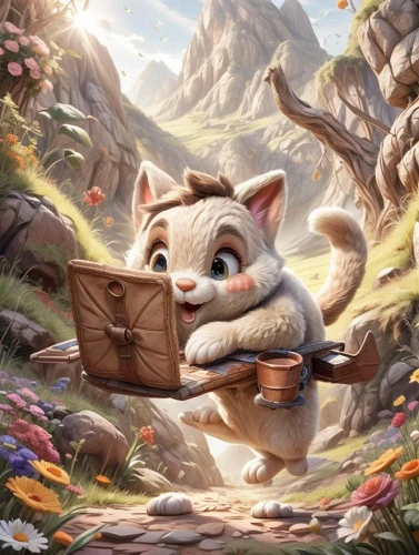 blossom kitten,playing the violin,musical rodent,art bard,serenade,children's background,magic book,music book,cats playing,fantasy picture,picking flowers,fluffy diary,musical background,spring background,springtime background,magical adventure,violin player,playing outdoors,turn the page,fantasy art