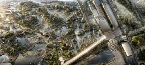 futuristic landscape,elves flight,canopy walkway,sky space concept,take-off of a cliff,district 9,ski jump,valerian,concept art,skycraper,above the city,sci fiction illustration,skyscraper town,futuristic architecture,building valley,post-apocalyptic landscape,terraforming,aerial landscape,cable railway,forks