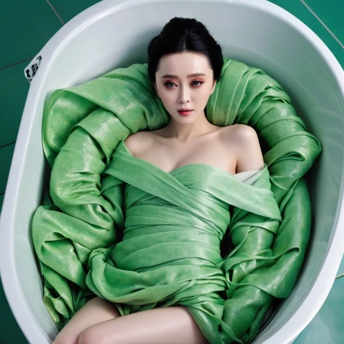 the girl in the bathtub,bathtub,bathtub accessory,milk bath,bath oil,bath with milk,lily pad,green skin,xuan lian,rou jia mo,tub,lotus with hands,green dress,china massage therapy,in green,bath,bath accessories,green water,water bath,bathe,Photography,General,Realistic