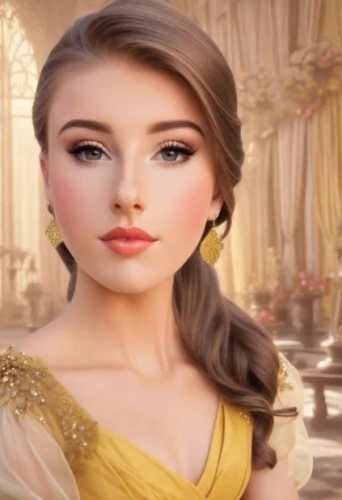 princess anna,miss circassian,princess' earring,princess sofia,cinderella,alhambra,eurasian,celtic queen,yellow rose background,rapunzel,cleopatra,female doll,cepora judith,arabian,natural cosmetic,doll's facial features,elegant,realdoll,fairy tale character,tiana