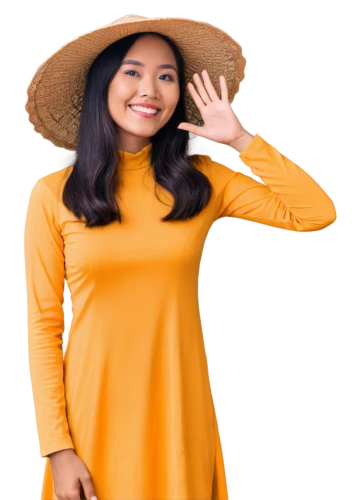 vietnamese woman,asian conical hat,yellow sun hat,asian costume,ao dai,girl wearing hat,indonesian women,sombrero,mock sun hat,yellow background,long-sleeved t-shirt,ordinary sun hat,the hat-female,high sun hat,women clothes,yellow orange,sun hat,hat womens filcowy,women's hat,long-sleeve,Illustration,American Style,American Style 09