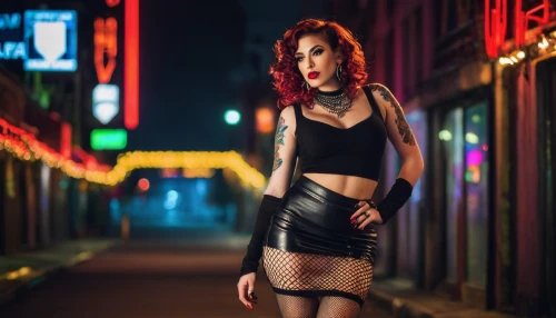 neo-burlesque,tattoo girl,femme fatale,neon light,neon lights,photo session at night,alley cat,neon sign,latex clothing,alley,cyberpunk,alleyway,bad girl,catrina,retro woman,nightlife,latex,neon,neon body painting,transistor,Illustration,Retro,Retro 04