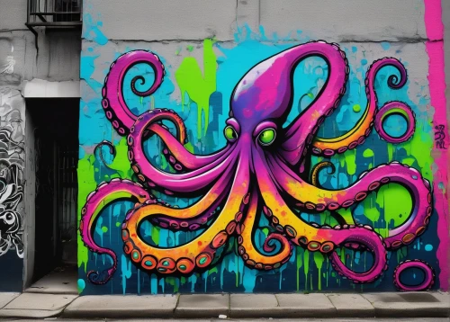 pink octopus,fun octopus,octopus,octopus tentacles,cephalopod,octopus vector graphic,graffiti art,kraken,street artists,street artist,streetart,cephalopods,tentacles,silver octopus,urban street art,graffiti,squid,wall paint,street art,urban art,Illustration,Paper based,Paper Based 10