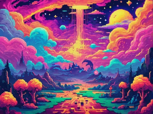 mushroom landscape,fantasy landscape,pixel art,psychedelic art,futuristic landscape,alien world,alien planet,3d fantasy,unicorn background,valley of the moon,tapestry,acid lake,dream world,trip computer,fairy world,planet alien sky,art background,magical adventure,fantasy world,the mystical path,Unique,Pixel,Pixel 04