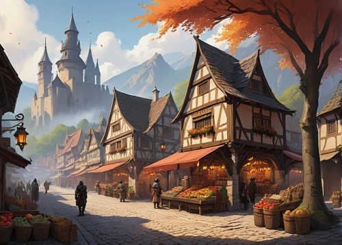 medieval town,medieval street,escher village,medieval market,alpine village,aurora village,mountain settlement,knight village,oktoberfest background,mountain village,marketplace,wooden houses,bremen town musicians,old town,half-timbered houses,transylvania,medieval,merchant,the old town,oktoberfest,Illustration,Paper based,Paper Based 07