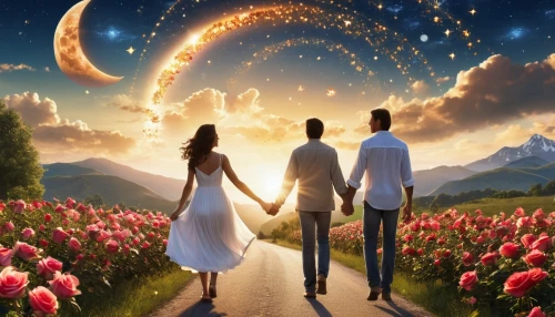 fantasy picture,the luv path,romantic scene,sun and moon,loving couple sunrise,moon and star background,two people,hand in hand,astronomical,cosmos,a fairy tale,the moon and the stars,travelers,honeymoon,dream world,astronomers,magical moment,way of the roses,photomanipulation,couple - relationship,Photography,General,Realistic