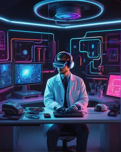 sci fi surgery room,cyberpunk,vr,cyberspace,virtual reality,cyber glasses,man with a computer,computer room,virtual world,cyber,futuristic,vr headset,neon human resources,cybernetics,virtual,ufo interior,virtual reality headset,trip computer,tech trends,oculus,Illustration,Retro,Retro 16