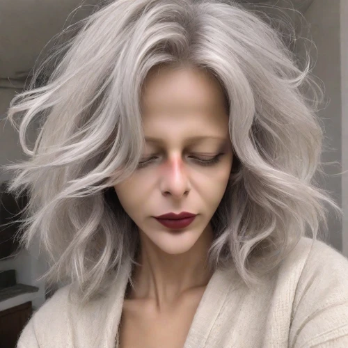 cruella de ville,grey,gray color,silvery,vampire woman,cruella,aging icon,lago grey,pale,kundalini,asymmetric cut,gray,gray-green,white lady,wig,natural cosmetic,applying make-up,vampire lady,scary woman,silver,Photography,Realistic