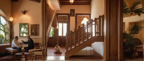 wooden stair railing,hallway space,hallway,wooden beams,outside staircase,house entrance,wooden stairs,wooden door,hinged doors,the threshold of the house,doorway,home interior,winding staircase,plantation shutters,entrance hall,riad,home door,lobby,room divider,ubud,Photography,General,Realistic