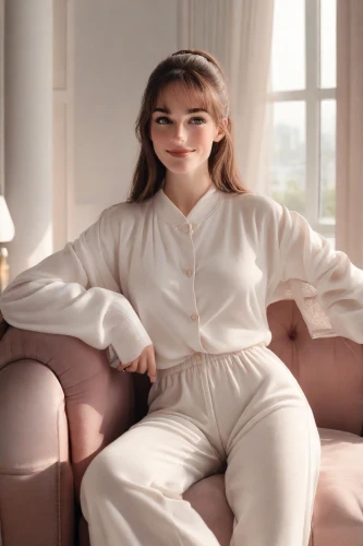 pantsuit,audrey hepburn,sofa,pajamas,white velvet,commercial,white clothing,see-through clothing,elegant,jumpsuit,bolero jacket,pale,white silk,menswear for women,audrey hepburn-hollywood,tracksuit,sitting on a chair,onesie,white shirt,angelic,Photography,Natural