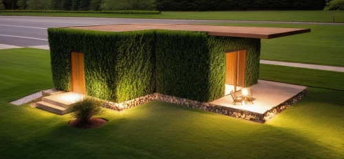 landscape lighting,3d rendering,artificial grass,outdoor furniture,outdoor sofa,grass roof,outdoor table,miniature house,cubic house,outdoor bench,landscape design sydney,block of grass,landscape designers sydney,cube house,golf lawn,pop up gazebo,bus shelters,outdoor dining,wood doghouse,eco hotel,Photography,General,Realistic