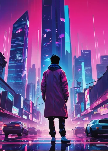 cyberpunk,futuristic,dystopian,vapor,80s,shanghai,dystopia,man in pink,pedestrian,cityscape,cyber,80's design,urban,ultraviolet,futuristic landscape,tokyo city,aesthetic,tokyo,would a background,wanderer,Illustration,Retro,Retro 21