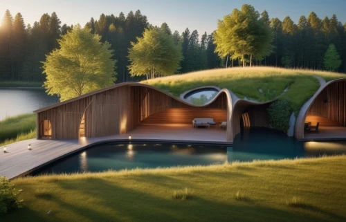 grass roof,eco-construction,3d rendering,eco hotel,cubic house,futuristic architecture,floating huts,pool house,log home,roof landscape,inverted cottage,render,turf roof,timber house,dunes house,summer house,archidaily,wooden beams,futuristic landscape,cube stilt houses,Photography,General,Realistic