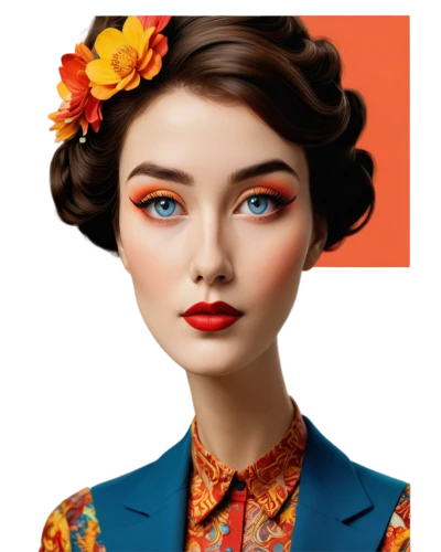 fashion vector,fashion illustration,geisha girl,vintage woman,retro woman,vintage makeup,vintage girl,orange marigold,geisha,retro girl,crown marigold,marigold,vintage floral,girl in flowers,orange rose,women's cosmetics,marigold flower,vintage women,stewardess,teal and orange,Illustration,Black and White,Black and White 25