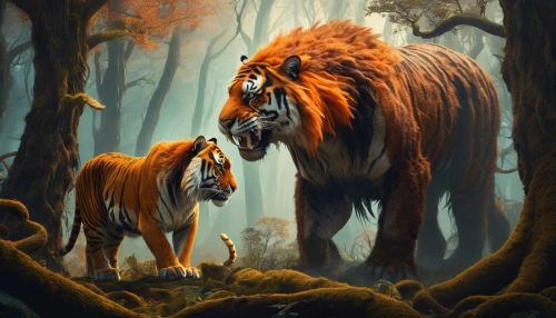 forest animals,woodland animals,horse with cub,hunting scene,animals hunting,two-horses,forest king lion,hunting dogs,two wolves,fantasy picture,horses,forest animal,two lion,fall animals,fantasy art,lions couple,chestnut tiger,tigers,equine,predation,Illustration,Realistic Fantasy,Realistic Fantasy 37