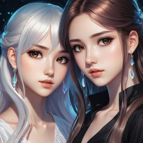 fairy tale icons,kimjongilia,fantasy portrait,gemini,two girls,game illustration,sun and moon,angel and devil,moon and star,fantasy art,fairies,duo,rosa ' amber cover,yinyang,portrait background,princesses,porcelain dolls,fantasy picture,cg artwork,sisters,Conceptual Art,Fantasy,Fantasy 17