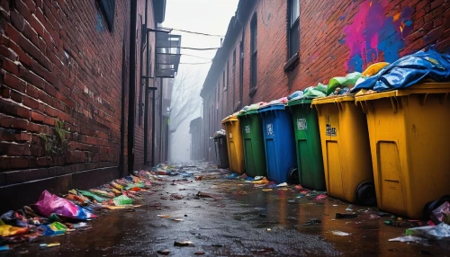 alley,laneway,trash land,alleyway,garbage cans,garbage lot,bin,trash dump,trash cans,trash the dres,baltimore,recycling world,litter,urban landscape,urban art,waste containment,waste bins,garbage collector,slum,old linden alley,Illustration,Realistic Fantasy,Realistic Fantasy 28