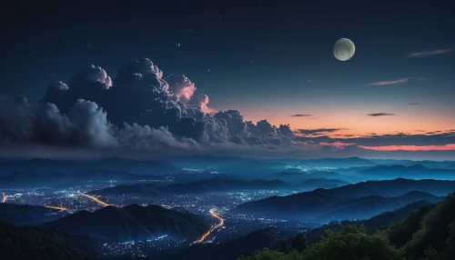 moonlit night,fantasy landscape,japan's three great night views,mountainous landscape,sea of clouds,chinese clouds,huangshan mountains,moon at night,moonrise,valley of the moon,japanese mountains,moon in the clouds,lunar landscape,hot-air-balloon-valley-sky,night sky,mountain landscape,nightscape,south korea,the landscape of the mountains,moonscape,Photography,General,Fantasy