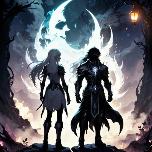 couple silhouette,halloween poster,sun and moon,protectors,warrior and orc,halloween background,heroic fantasy,fantasy picture,halloween banner,moon and star,cg artwork,dragon slayers,the moon and the stars,halloween wallpaper,a200,game illustration,dragon slayer,vidraru,angel and devil,dark world